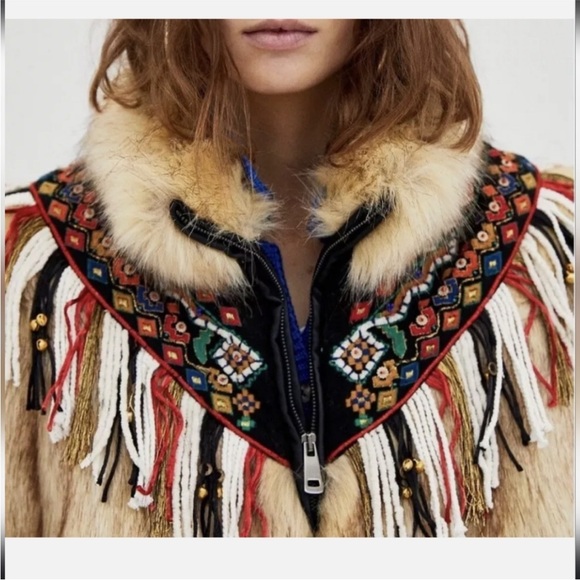 Zara Jackets & Blazers - Zara Aztec Embroidered Faux Fur Jacket with Fringe Bells Detail M